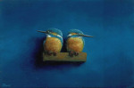twee ijsvogels op plankje  14.7 x 9.8 cm (verkocht)